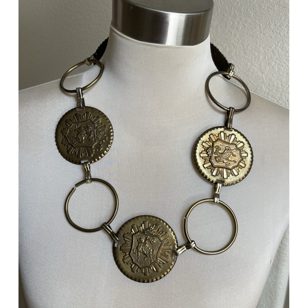 Vtg Brass Heraldic Madallions & Rings 70s Boho Necklace Renaissance Wear